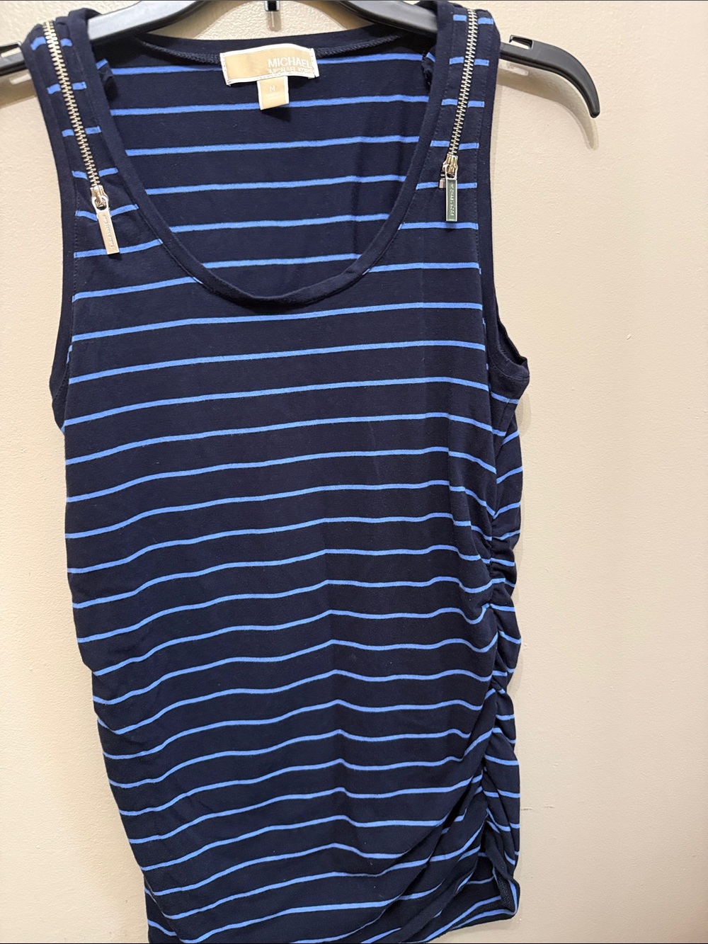 Michael Kors Navy with Light Blue Stripe Zip-Shoulder Tank